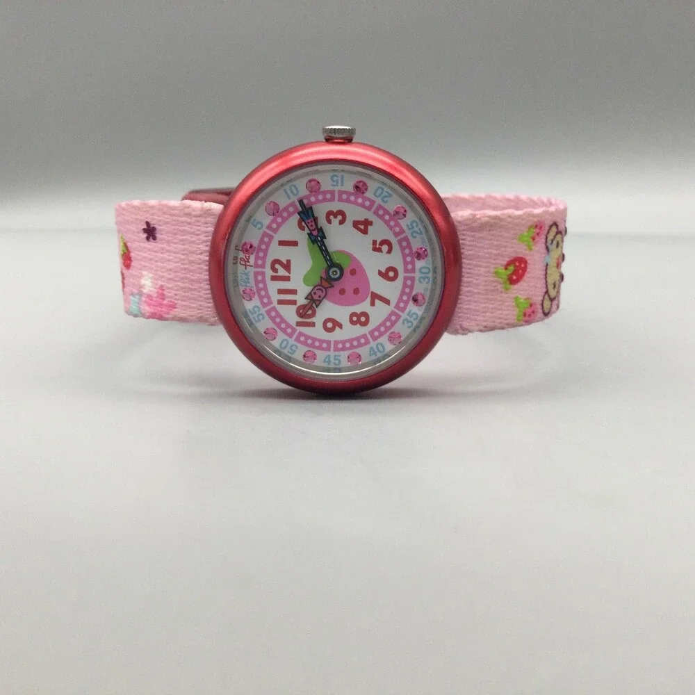 Flik Flak Prune et Fraise Girls Watch 28mm Pink Strawberry Swiss New Battery
